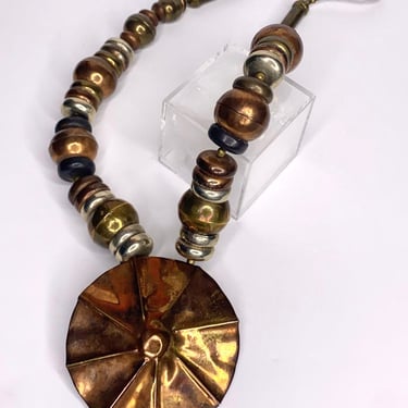 Necklace copper and brass vintage beaded  with large pendant,1970's 