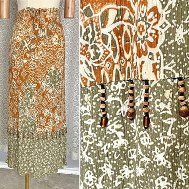 Boho Beauty Midi Skirt, Wood Beads Fringe, Crinkled Gauze, Drawstring with  Elastic Waist, Vintage 
