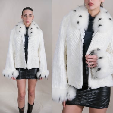 Vintage 90s CEDRICS Snow White & Black Chevron Knit Fur Cropped Zip Front Jacket w/ Flare Cuffs | 100% Genuine Fur | 1990s Designer Fur Coat 