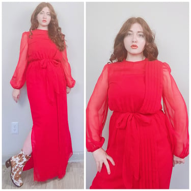 1980s Vintage Dessy Creations Dark Red Sheer Sleeve Gown / 80s / Pleated Maxi Dress With Matching Slip / Medium - Large 