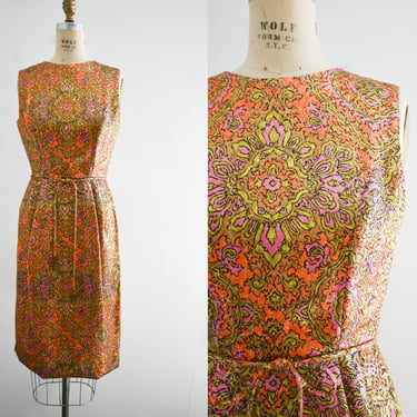 1960s Metallic Paisley Sheath Dress 