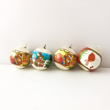 Vintage Christmas Ornaments - Woodland Rabbit and Mouse - Satin Wrapped Ball - 1982 