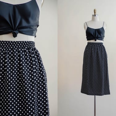 black polka dot skirt | 90s plus size vintage black and white elastic waist knee length skirt 