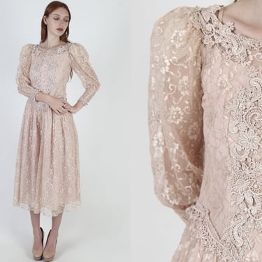 Vintage 80s Deco Wedding Dress / Sheer Floral Lace Flapper Dress / See Through Bridal Outfit / Champagne Blush Gatsby Inspired Dress 