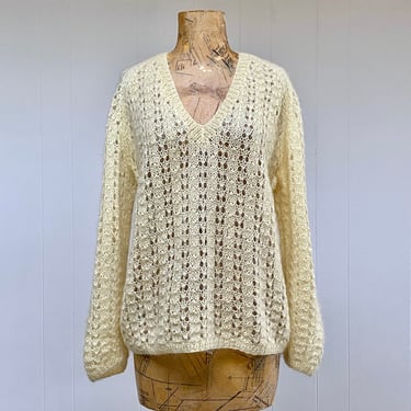 Vintage 1960s Eggshell Hand-Knit Mohair Sweater, Mid-Century Charles & Co Hong Kong Angora Wool Pullover, Large 44" Bust 