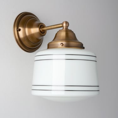 Classic Style Wall Sconce - SchoolHouse Lighting - White Glass Drum Fixture - Hand Painted Lines - Brass Lighting 