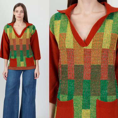70s Boho Bell Sleeve Collared Sweater - Medium | Vintage Red Green V Neck Lightweight Knit Pullover 