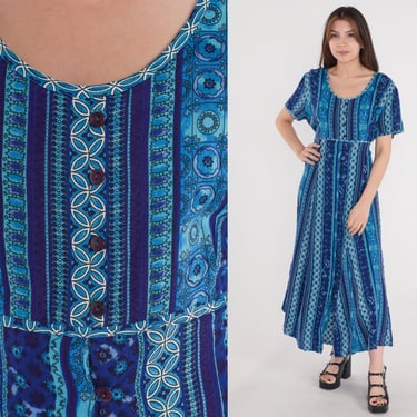 Boho Dress 90s Button up Midi Dress Blue Striped Abstract Geometric Floral Print Short Sleeve Empire Waist Day Grunge Vintage 1990s Large L 