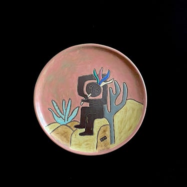 Vintage Modern Studio Art Pottery Ceramic Stoneware 12" Decorative Plate by Artist Mara of Mexico Mexican Modernist Pottery Art 