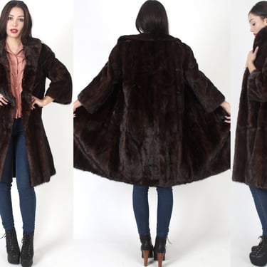 Real Mahogany Mink Jacket / Mid Length Dark Ranch Coat / Vintage 60s Natural Fur Under Collar / Womens Open Front Overcoat 