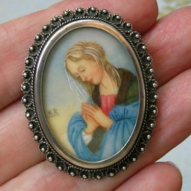 1920's Religious Lady Brooch and Pendant, 800 Silver Brooch Pin With Mary, Silver Religious Pin (#4473) 