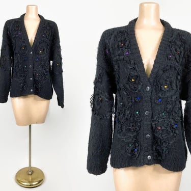VINTAGE 80s Fuzzy Lace Rosette and Rhinestone Cardigan Sweater by Kitty Hawk | 1980s Embellished Eclectic Punk Faux Mohair Sweater L | VFG 