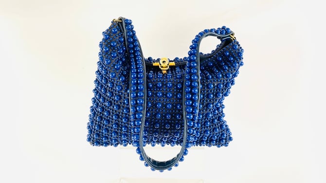 Vintage 1970s Groovy MOD Hippie Blue Plastic Beaded Shoulder Handbag Bead Bag Purse 