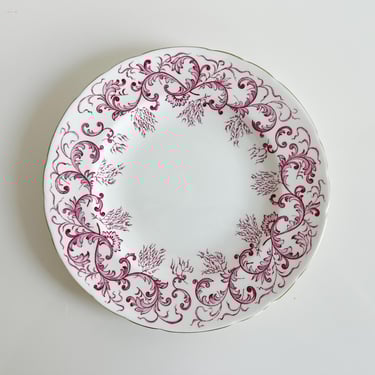 Royal Crown Derby Purple Scrolls Scalloped Edge Botanical Luncheon Plate A567 England Vintage 1930s 