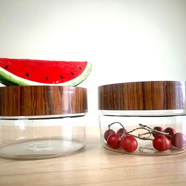 Vintage Pyrex See N Store Glass Containers w/Faux wood tops, Set of 2 