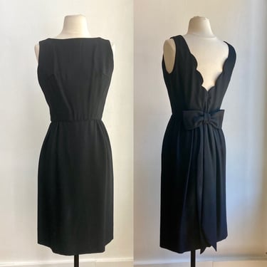 Adorable Vintage 50's Little Black COCKTAIL Dress / Deep Scalloped V Back + Big BOW + Sash / Ann Barry Jr 