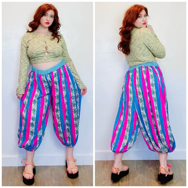 1980s Homemade Neon Acrylic Fabric Balloon Pants / 80s / Eighties Floral Psychedelic Cropped Harem Pants / Large -XL 