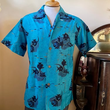 Vintage 1960s Men’s Blue Hawaiian Tiki Aloha Shirt - M - L 