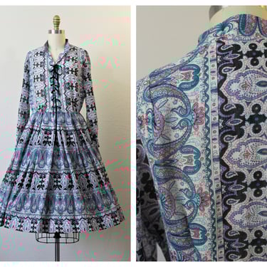 Vintage 1950s 60s Avalon Patio dress picnic corset Front Voile Paisley full skirt day dress /  US 4 6 small 