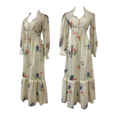 Vtg Vintage 1970s 70s Victorian Floral Cottage Core Prairie Cream Maxi Dress 