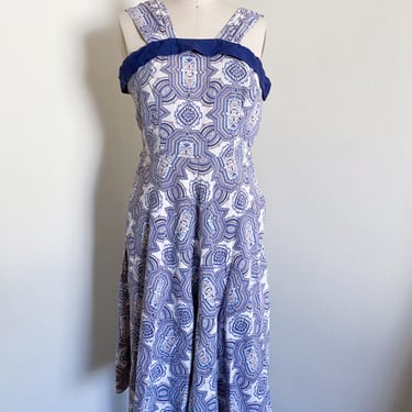 Vintage 50's Printed Cotton Dress, Fit and Flare Style, Blue and White 