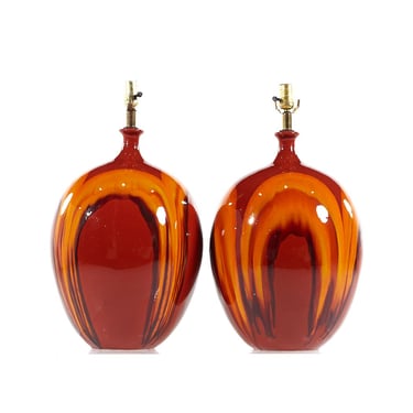 Mid Century Orange and Red Ceramic Drip Glaze Lamps -  Pair - mcm 