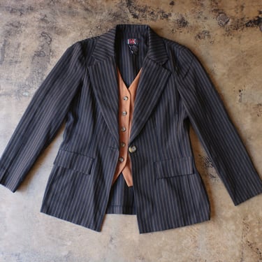 90s Blazer with Vest / Vintage Women's Black Pin Stripe Blazer / Medium 