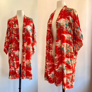 Vintage 60s KIMONO / RAYON / Pagodas + Flowers / NWOT / Shirokiya Honolulu + Made in Japan 