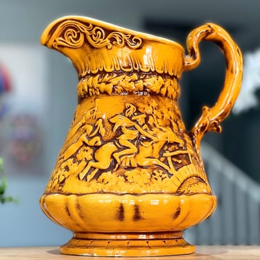 VINTAGE: 10" Large Signed Pottery Embossed Horse Pitcher - Colonial Cavalry Scene - Flower Vase - SKU 36-C-00034285 
