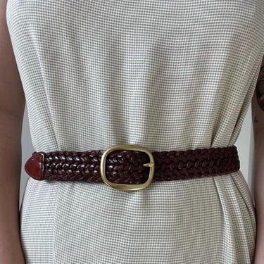 Vintage 1990s Womens Talbots Solid Brass Buckle Brown Leather Braided Belt Sz M 