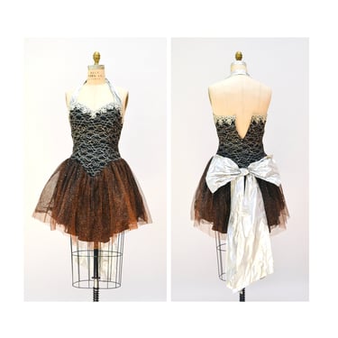 Vintage 80s Prom Dress Size XXS XS Small Black Silver metallic// Vintage Black Metallic Party Dress Size XS Small by Flirtations Halter neck 