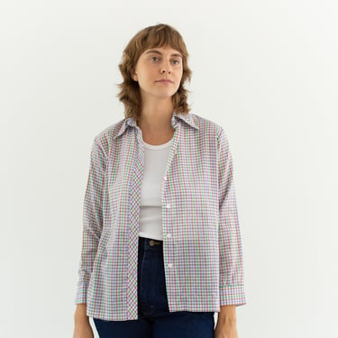 Vintage Red Green Blue Rainbow Plaid Button Down Blouse | Semi Sheer Made in USA | Summer Shirt | S | 
