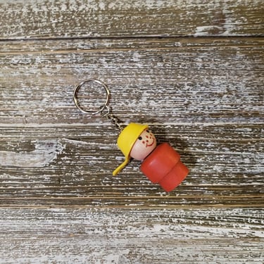 1960s Vintage Fisher Price Little People Keychain, Smiling Boy, Yellow Pot Hat w/ Handle, Freckles, All Wood, Key Fob Ring Charm, Retro Toys 