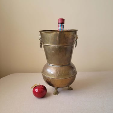 Brass footed champagne bucket Lion head handles Hammered ice urn Umbrella holder Made in Spain 