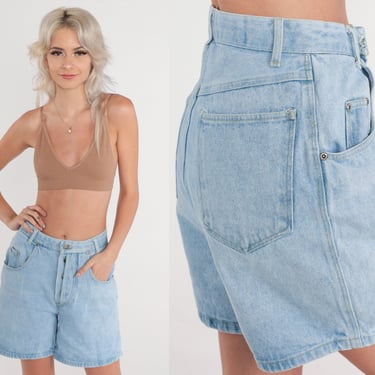 80s Denim Shorts Button Fly Jean Shorts High Waisted Rise Mid Length Mom Shorts Light Wash Blue Retro Summer Basic 1980s Vintage Small  27 