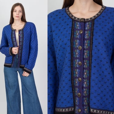 Vintage Tally Ho Trachten Cardigan - Large | 70s 80s Bavarian Blue Wool Button Up Sweater 