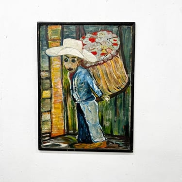 1970s Painting Latin American Art Flower Vendor Oil on Wood 