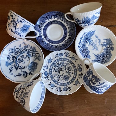 Mismatched Blue and White TeaCups and Saucers 