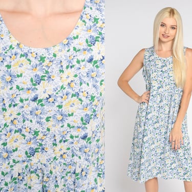 Daisy Print Dress 90s Floral Tank Dress Retro Knee Length Midi Dress High Waisted Sleeveless Summer Sundress Blue Vintage 1990s Medium Large 