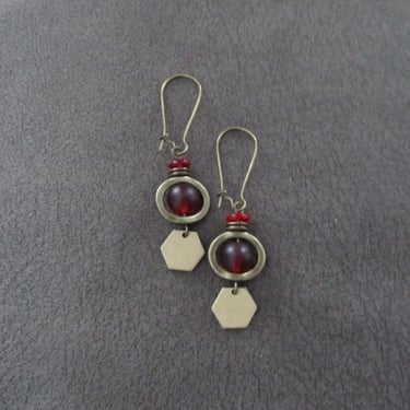 Bronze and red sea glass earrings, hexagon 