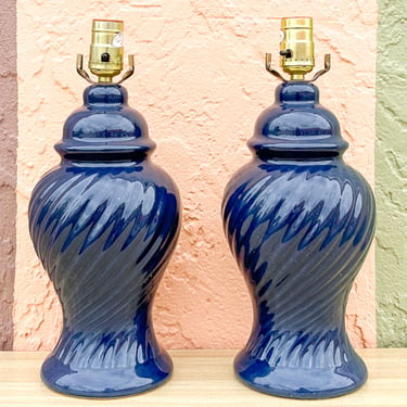 Pair of Petite Navy Swirl Ginger Jar Lamps
