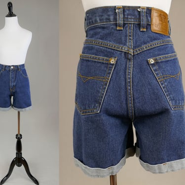 90s Cuffed Jean Shorts - 26" waist - High Waisted - Dark Blue Cotton Denim - Route 66 - Vintage 1990s 