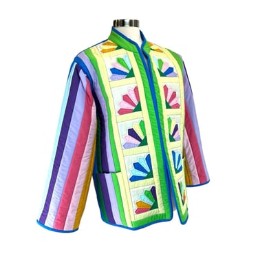 Vintage 90s Y2K Handmade Patchwork Technicolor Rainbow Quilted Jacket Pieced EUC 