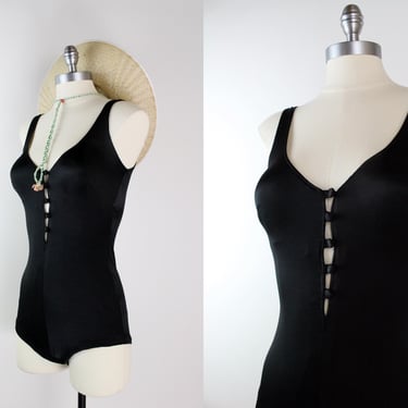 70s Black One Piece Swimsuit / Built in Bra Swim / Vintage Black Swimsuit /Bombshell Swimsuit/ Hollywood Glamour/ Size XS/S/M 