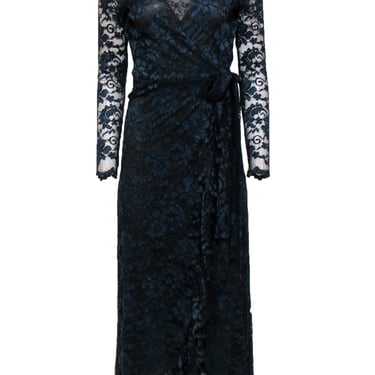 Ganni - Navy & Black Floral Lace Ruffled Wrap Maxi Dress Sz 4