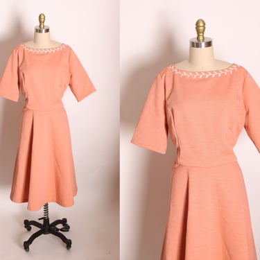 1960s Peach Pink Orange Half Sleeve Foliage Leaves Detail Fit and Flare Plus Size Dress -2XL 