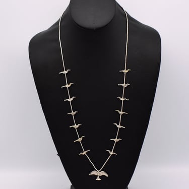 70's sterling tribal bird fetish necklace, long liquid silver 925 Southwestern statement 