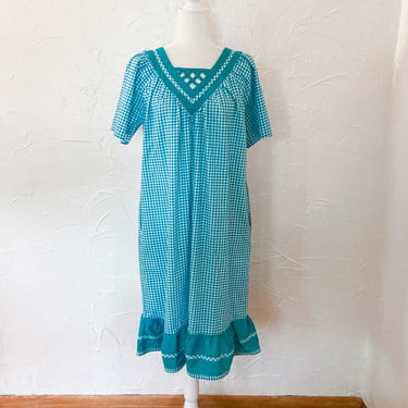 80s/90s Turquoise and White Gingham Printed Crossover Neckline Kaftan Dress | Large/Extra Large 