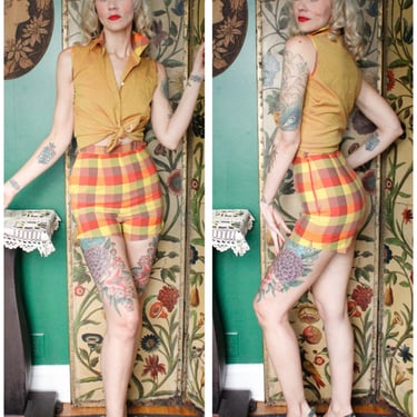 1950s Two Piece Outfit // Sunshine Plaid Blouse and Shorts // vintage 50s shorts outfit 