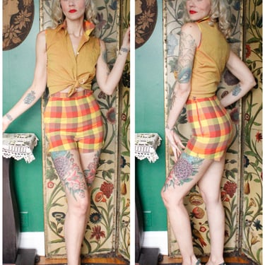 1950s Two Piece Outfit Sunshine Plaid Blouse and Shorts